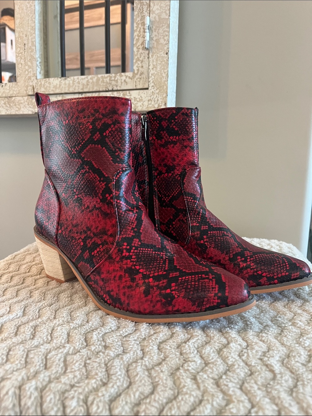 Women's Red Snake-Print Ankle Booties with Low Block Heel